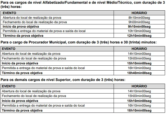 horários das provas do concurso Prefeitura de Camboriú