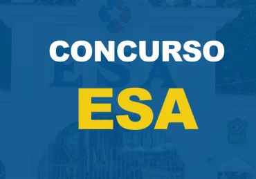 Fachada de entrada da ESA com texto sobre a imagem Concurso ESA