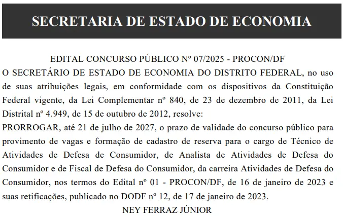 documento sobre a prorrogação do concurso Procon DF