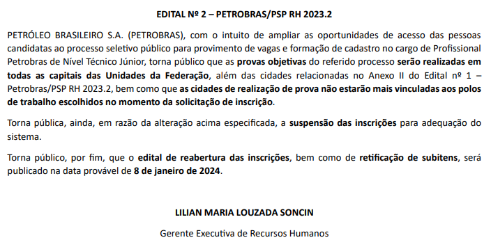 Extrato do documento de ampliação dos locais de provas e suspensão das inscrições do concurso Petrobras
