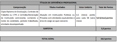Tabela de experiência profissional referente ao concurso Prefeitura de Capelinha