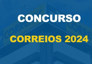 Prédio de uma das agencias dos Correios nas cores amarelo e azul com texto sobre a imagem Concurso Correios 2024