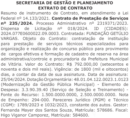 Extrato de contrato do concurso Prefeitura de Vitória