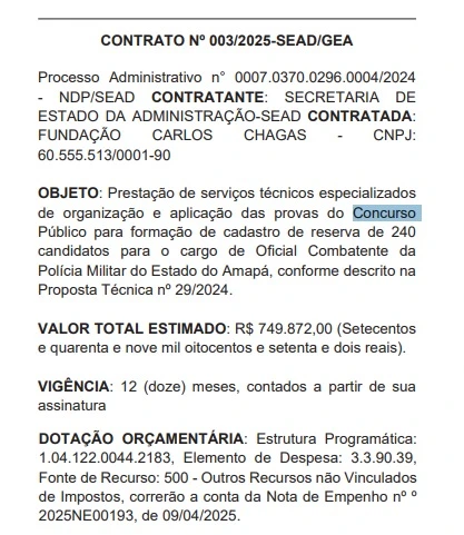 Contrato da banca organizadora do concurso PM AP!