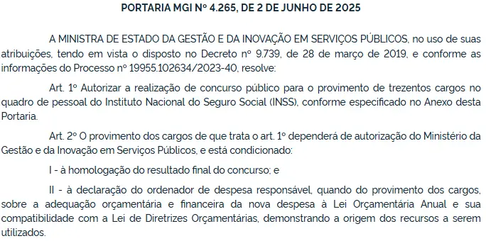 Portaria que autoriza 300 vagas para o novo concurso INSS 2025