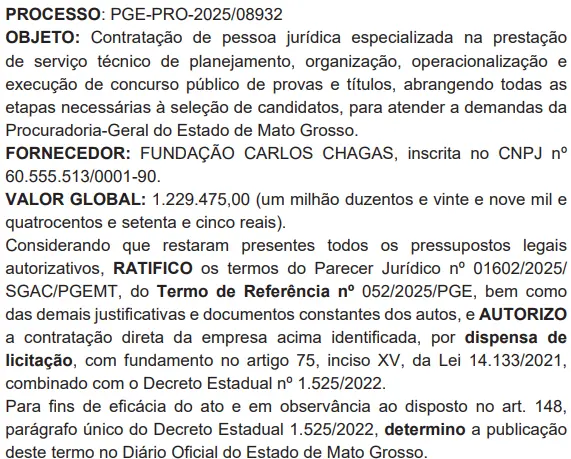 FCC é a banca do concurso PGE MT