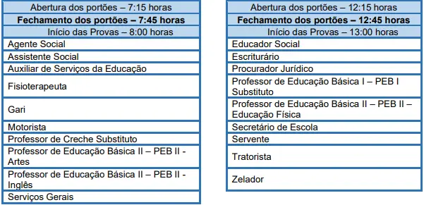 Tabela de horários do concurso Prefeitura de Caiabu