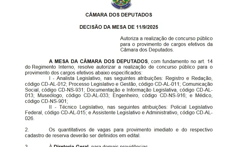 autorização do concurso Câmara dos Deputados