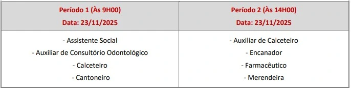 Tabela de horários do concurso Prefeitura de Cunha