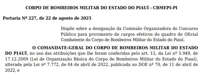 Está formada a comissão do concurso Bombeiros PI