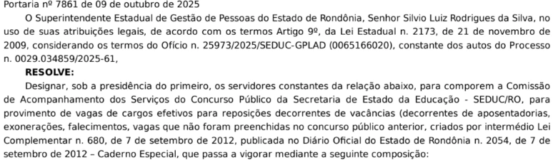 Está formada a comissão do concurso Seduc RO