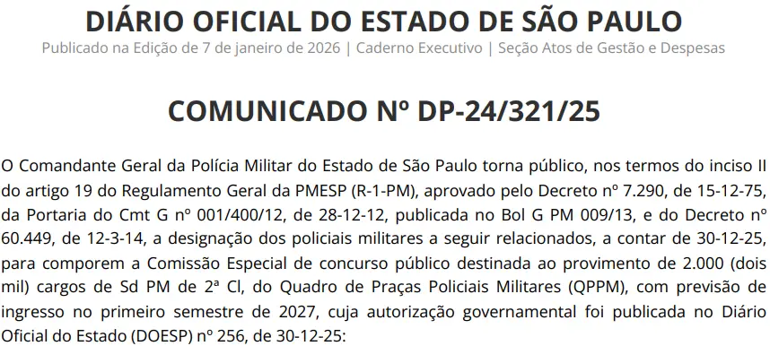 Está formada a comissão do concurso PM SP!