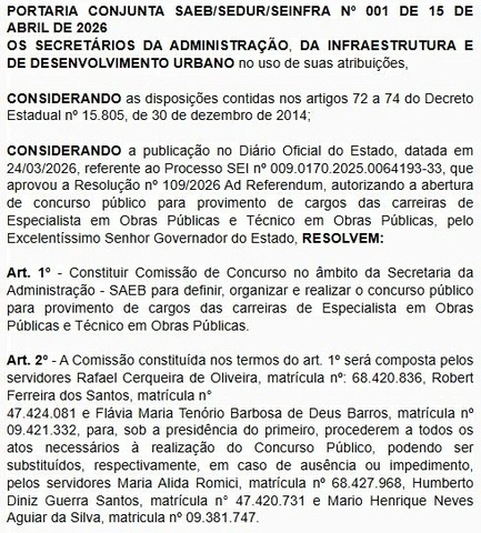 Comissão do concurso Sedur BA