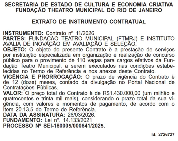 O Instituto Avalia será a banca do concurso Theatro Municipal RJ