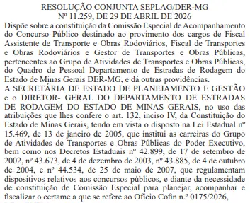 Está formada a comissão do concurso DER MG