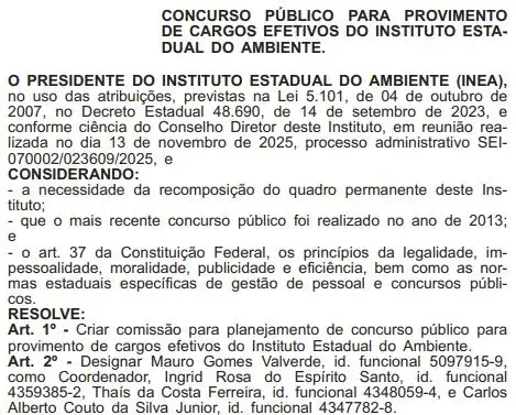 Está formada a comissão do concurso Inea RJ
