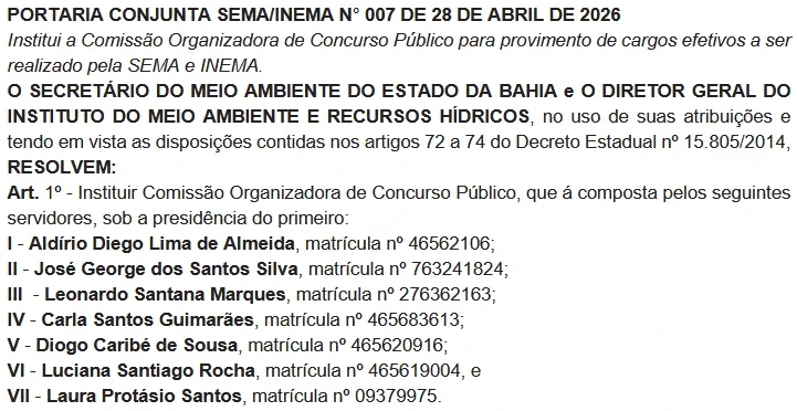Está formada a comissão do concurso Sema BA