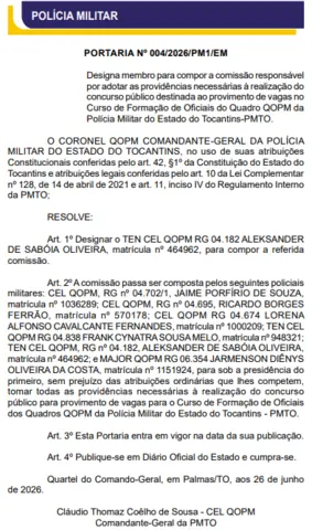 Está formada a comissão do concurso PM TO