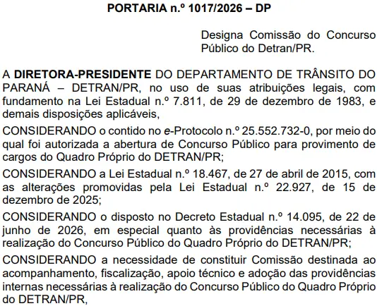 Está formada a comissão do concurso Detran PR 2026!