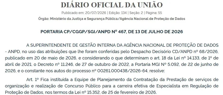 Está formada a comissão do concurso ANPD