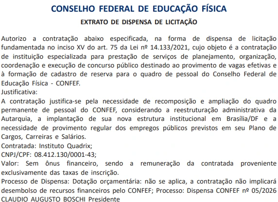 Concurso Confef já tem banca definida