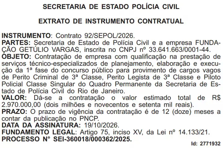 extrato do contrato da banca do concurso pc rj