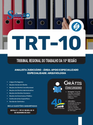 Apostila TRT-10 em PDF 2025 - Analista Judiciário - Área: Apoio Especializado - Especialidade: Arquivologia - Imagem 1