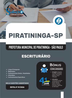 Apostila Prefeitura de Piratininga - SP 2026 - Escriturário - Imagem 3
